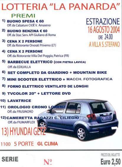 Lotteria "La Panarda" - estrazione il 16 agosto 2004 ore 24,00 a Villa Santo Stefano